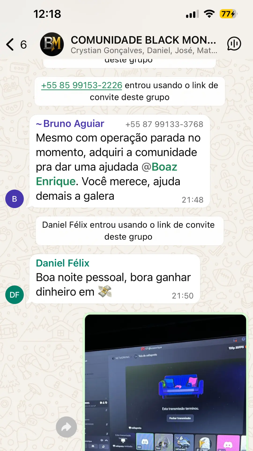 Conversa no grupo da Comunidade Black Money