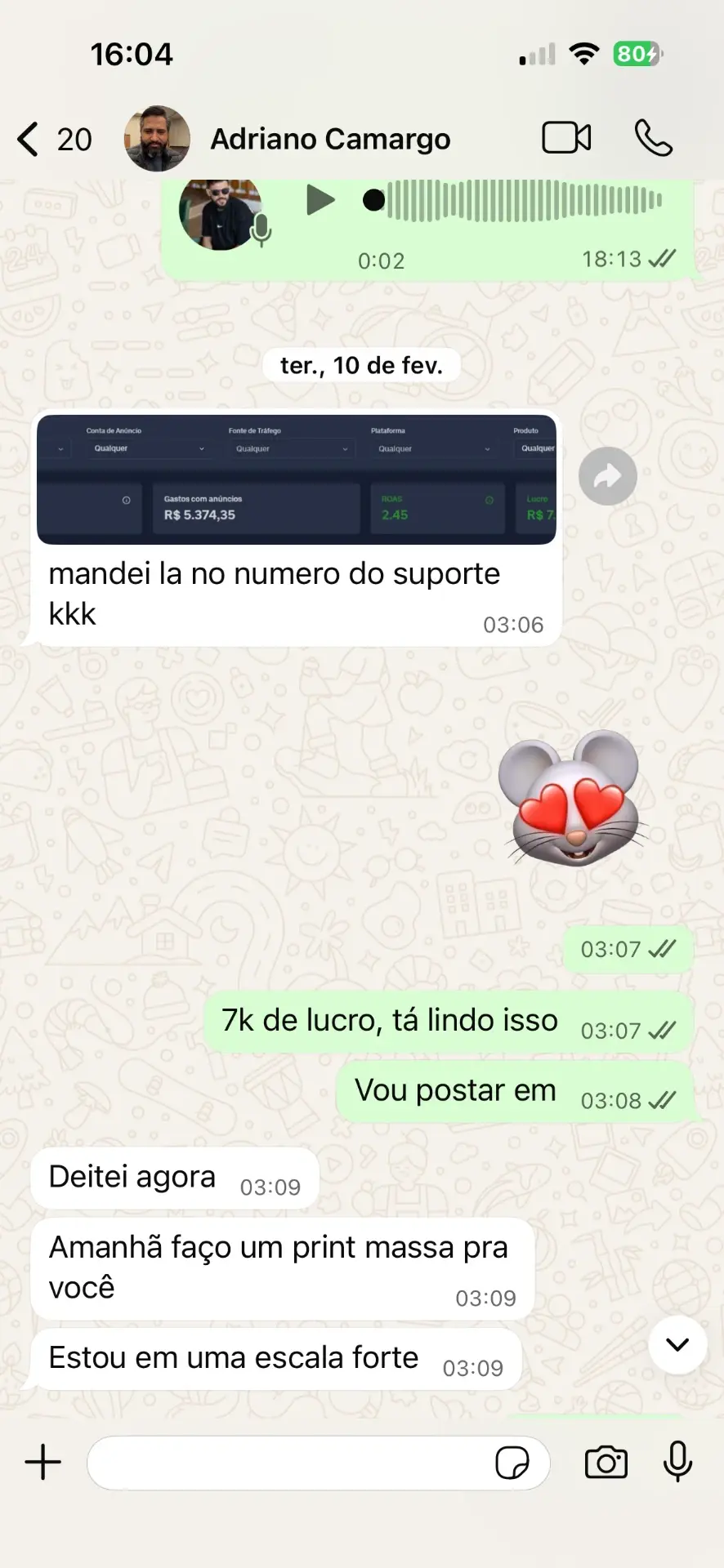 Mentorado relatando 7k de lucro