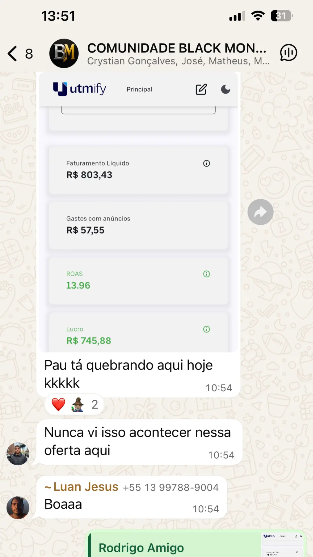 Print de faturamento e lucro compartilhado na comunidade